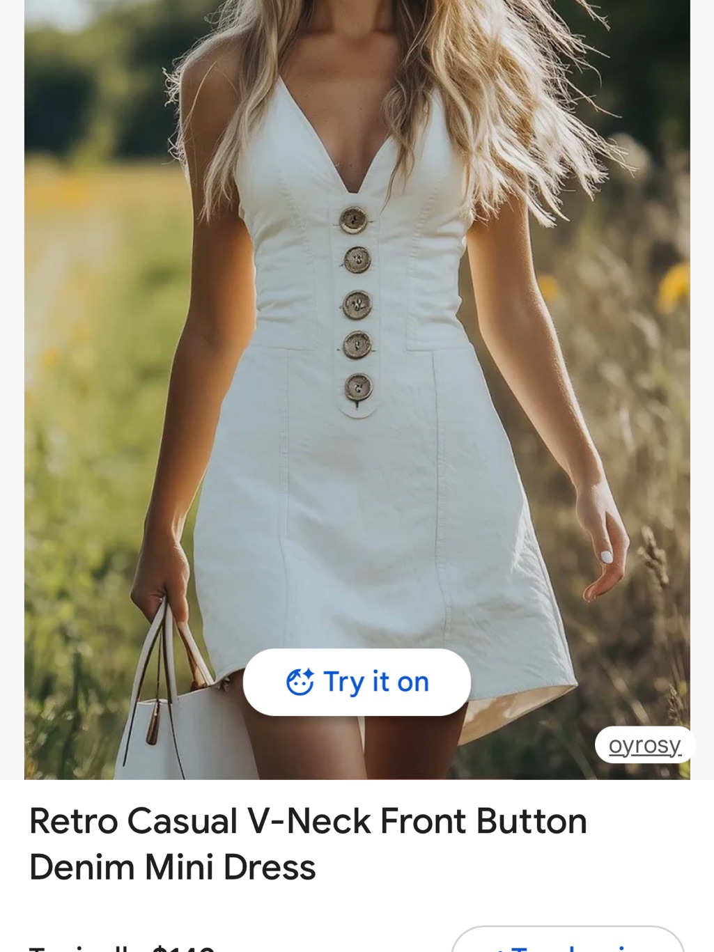 Retro Casual V-Neck Front Button Denim Mini Dress - White
